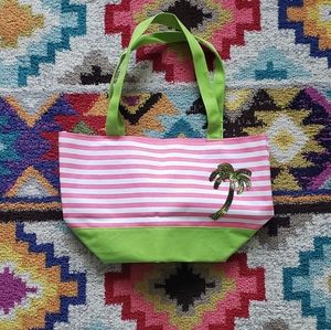 Pink & White Stripe Palm Tree Tote Bag
